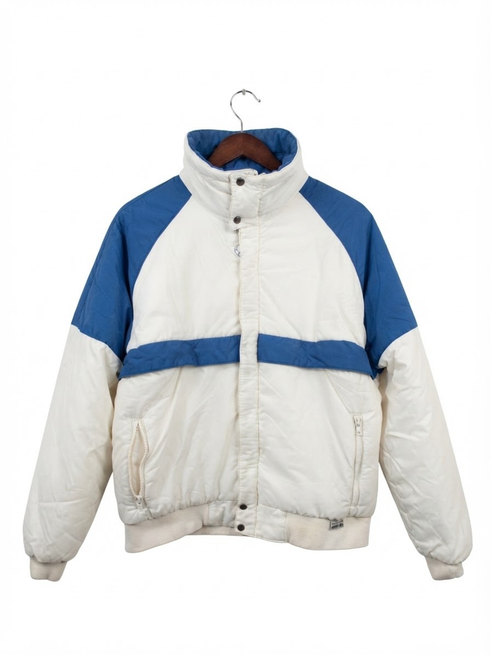 Vintage 80 Colorblock Puffer Jacket White Blue Full Zip Stand Collar Winter L